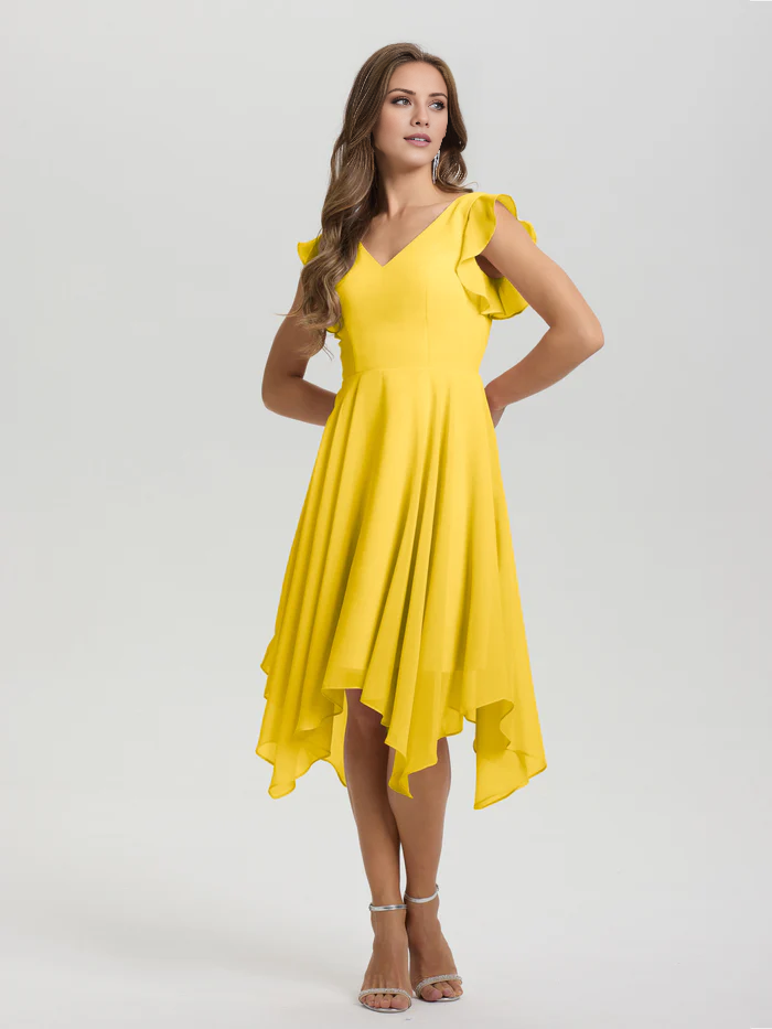 Lotus leaf edge sleeve V-neck asymmetrical tea long chiffon tea long bridesmaid dress