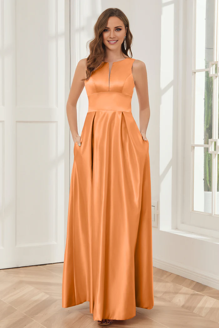 Abito da damigella d'onore a trapezio, senza maniche, in raso, lungo fino al pavimento
