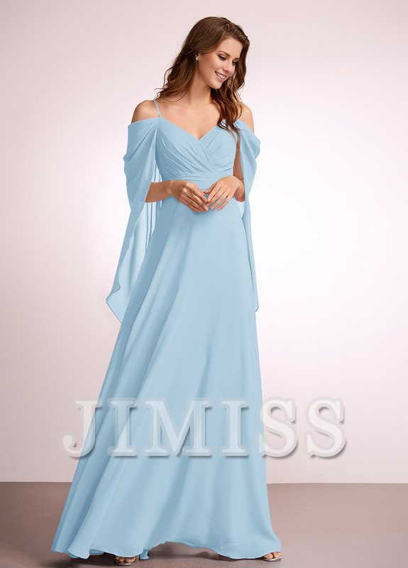 Abito da damigella d'onore in chiffon lungo fino a terra, con spalle scoperte e linea ad A