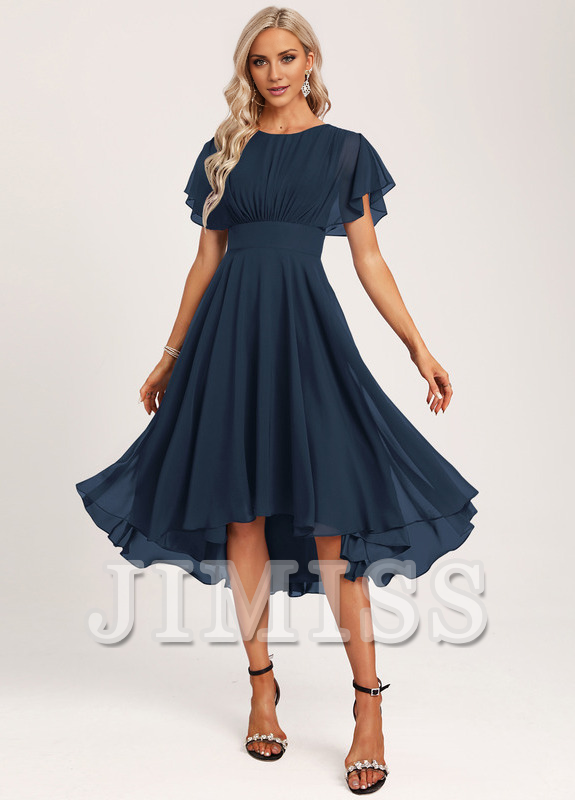 Vestido de dama de honor asimétrico de gasa con volantes, corte A y cuchara