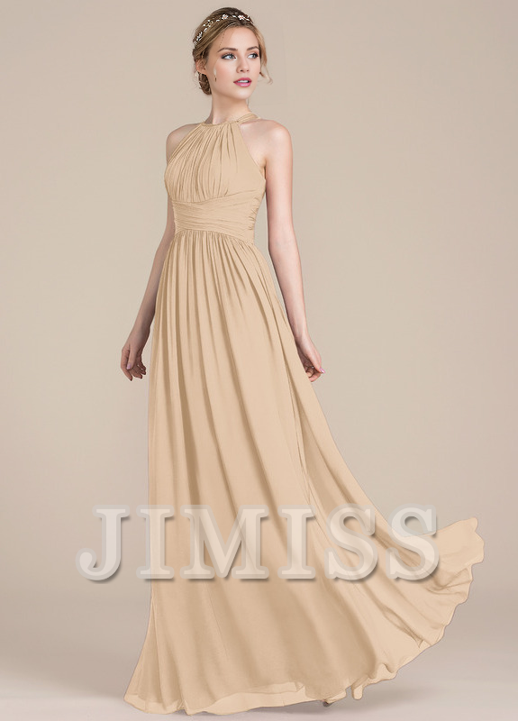 Vestido de dama de honor de gasa con escote redondo y corte A con diseño de hojas de loto