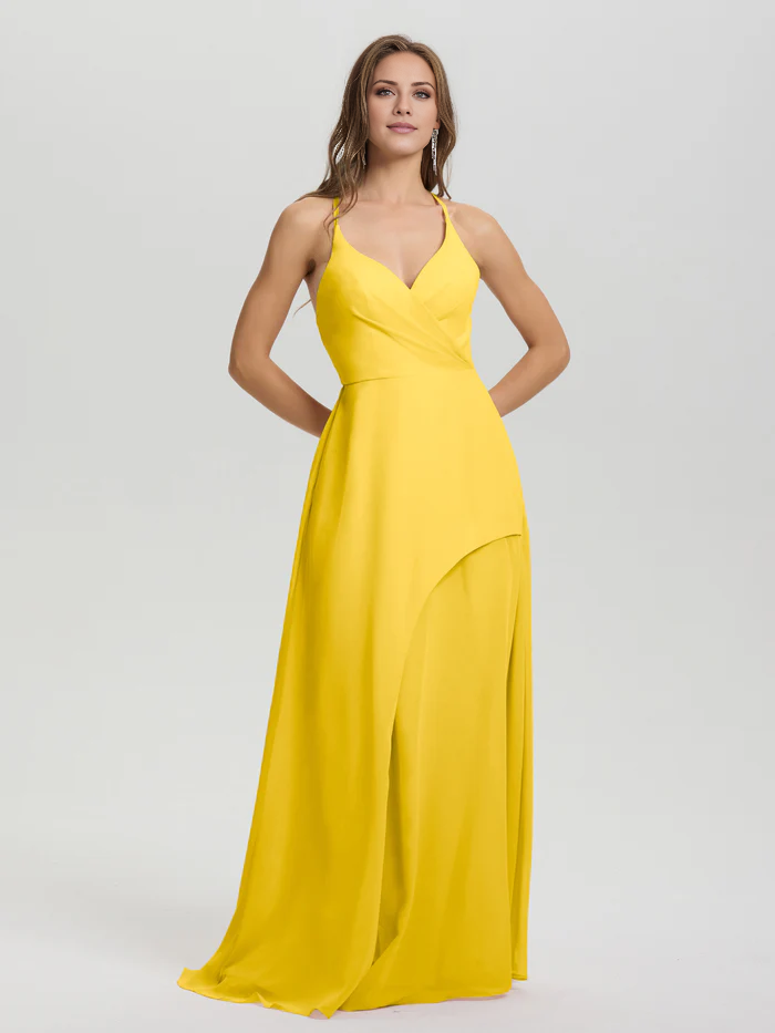 Shoulder strap V-neck backless long chiffon formal and floor length Bridesmaid dresses