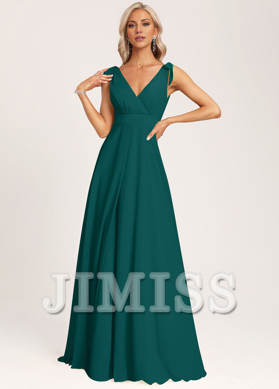 Champagne Chiffon A-Line V-Neck Floor-Length Bridesmaid Dress with Ruched Bodice and High Slit