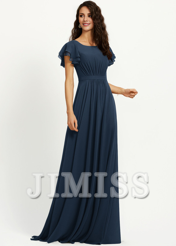 Vestido de dama de honor de gasa con escote redondo y volantes en forma de A