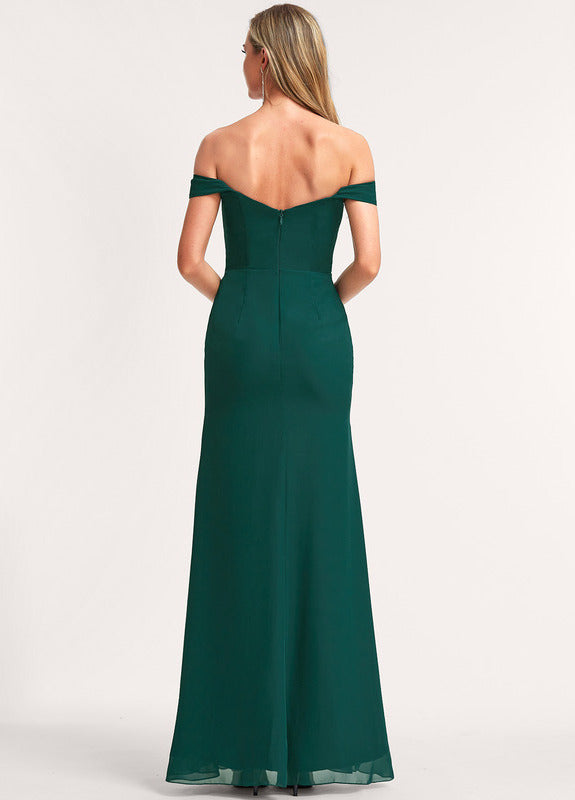 Forest Green Chiffon A-Line Off-the-Shoulder Floor-Length Bridesmaid Dress