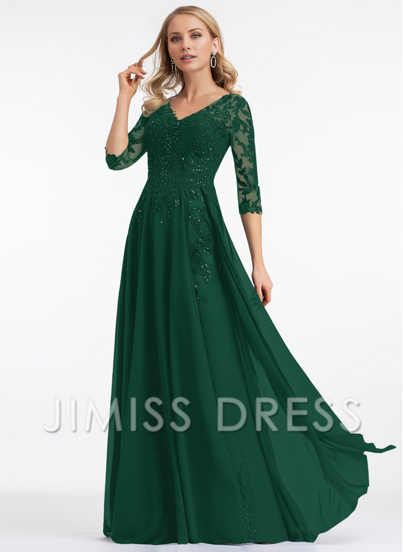 Dark Navy Lace & Chiffon A-Line Floor-Length Evening Dress with V-Neck and Sheer Sequin Sleeves
