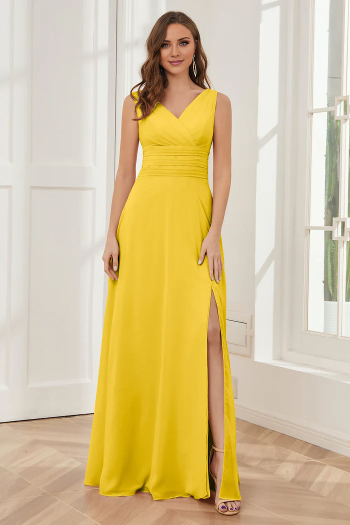 Vestido de dama de honor largo hasta el suelo, de gasa, sin mangas, con escote en V y abertura lateral