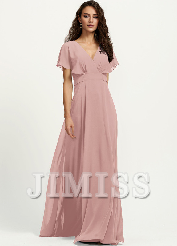 Abito da damigella d'onore in chiffon lungo fino al pavimento, con scollo a V e linea ad A