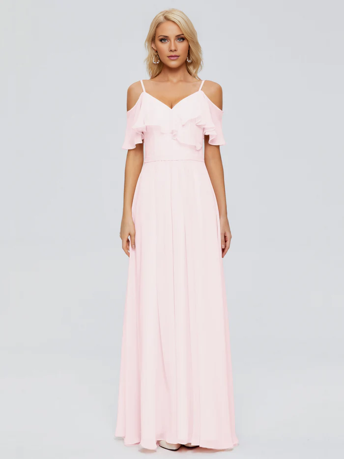 Vestido de dama de honor largo hasta el suelo de gasa con volantes y tirantes finos