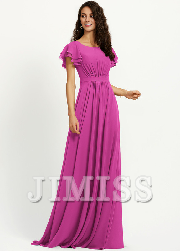 Vestido de dama de honor de gasa con escote redondo y volantes en forma de A