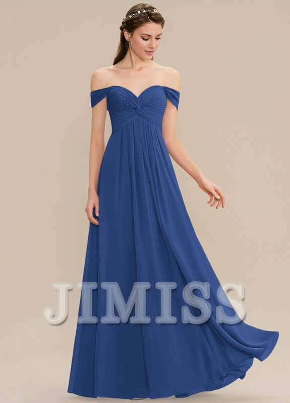 Vestido de dama de honor de gasa con volantes, corte A, hombros descubiertos y largo hasta el suelo