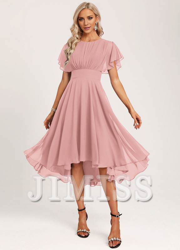Burgundy Chiffon A-Line Asymmetrical Bridesmaid Dress with Boat Neck & Flutter Sleeves