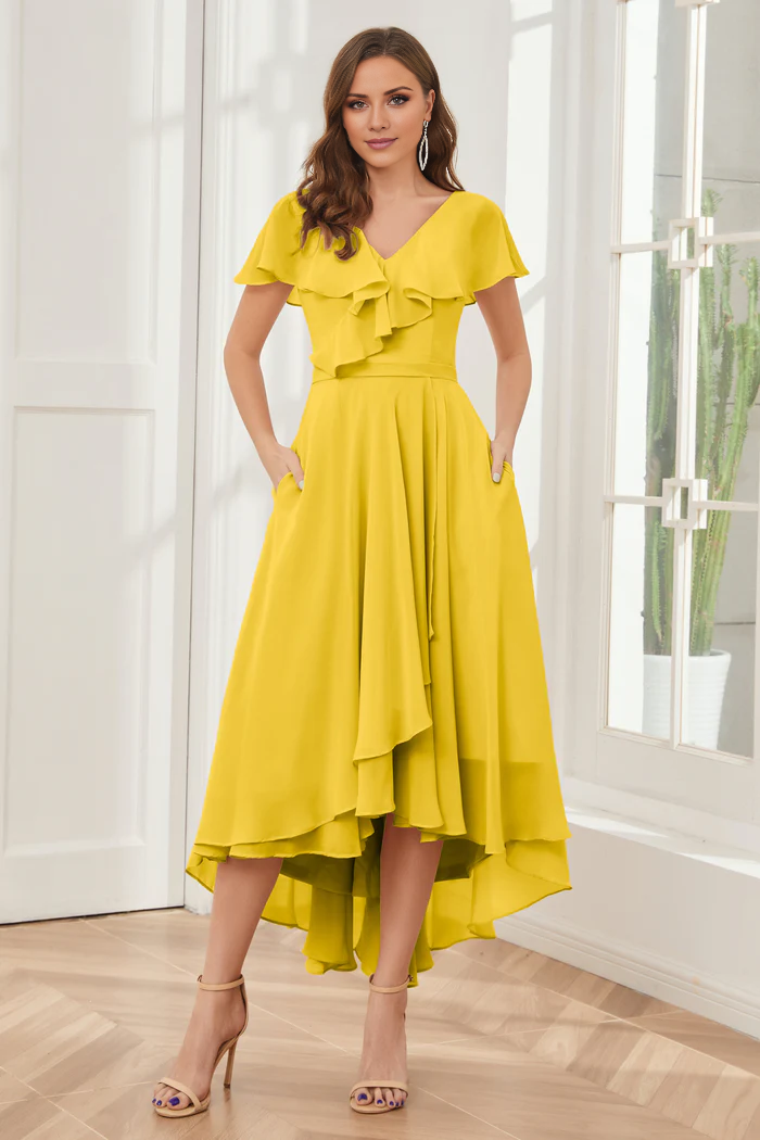 V-neck high-low short sleeved tea long bridesmaid dress