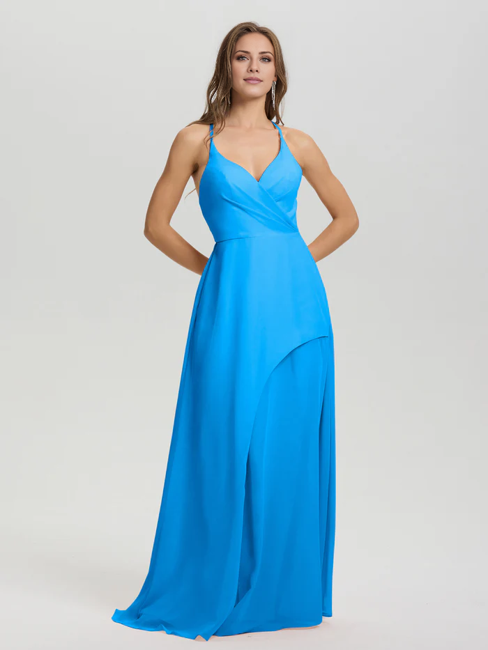 Shoulder strap V-neck backless long chiffon formal and floor length Bridesmaid dresses