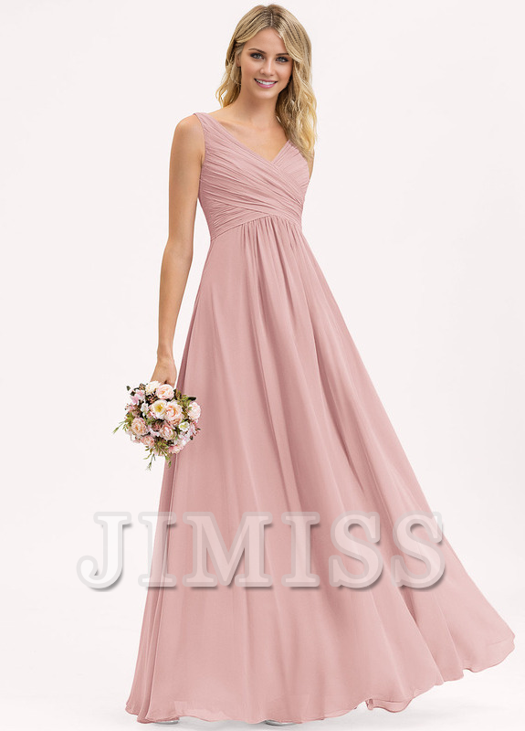 Abito da damigella d'onore in chiffon plissettato, lungo fino al pavimento, con scollo a V e linea ad A