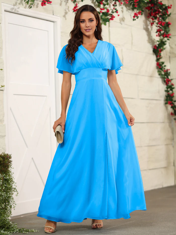 Chiffon short sleeved V-neck slit and floor length bridesmaid dress