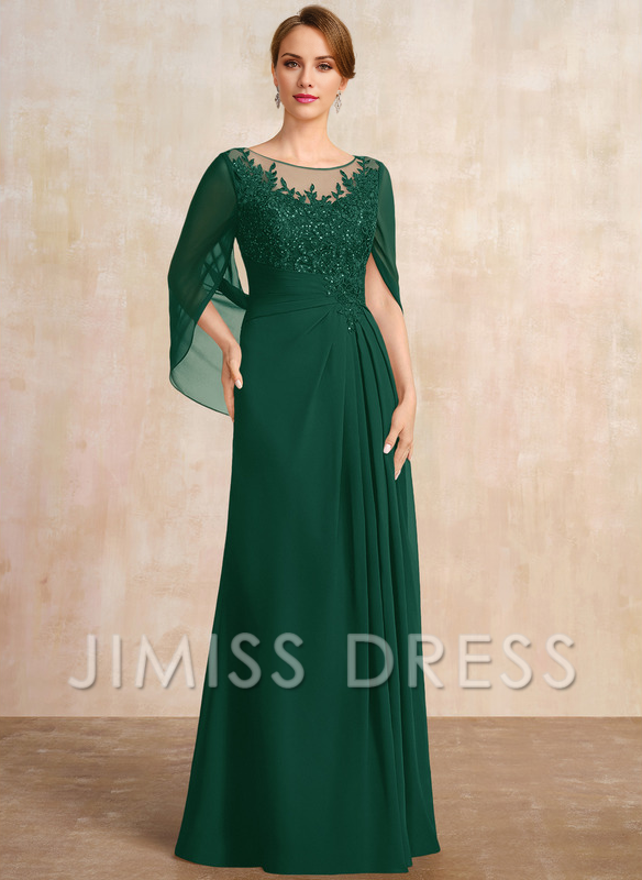 Dark Navy Chiffon A-Line Floor-Length Dress with Illusion Neck & Cape Sleeves