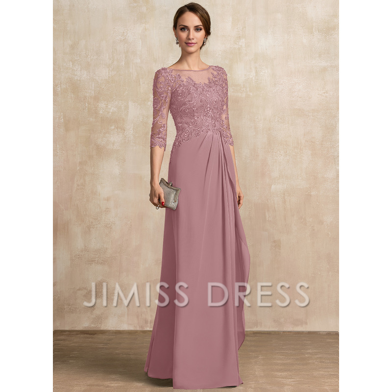 Jimiss A-shaped Scoop Illusion floor mopping chiffon lace ribbon bead sequins layered ruffles mother of the bride dress