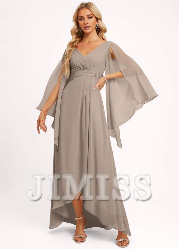 Vestido de dama de honor asimétrico de gasa con escote en V y volantes en forma de A