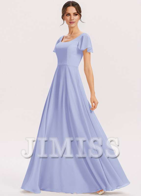 Vestido de dama de honor de gasa con volantes escalonados, corte A, cuadrado, largo hasta el suelo