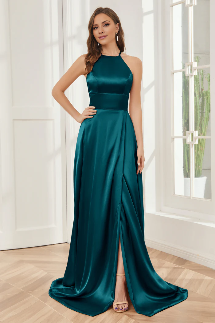 Vestido de dama de honor largo hasta el suelo de satén suave con escote de columna