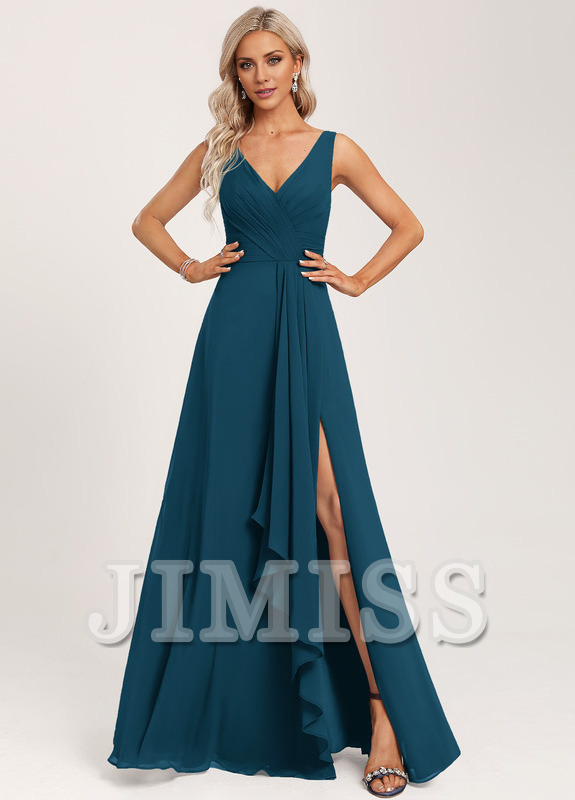 Vestido de dama de honor de gasa con volantes, escote en V y largo hasta el suelo