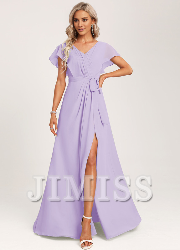 Sage Green Chiffon A-Line Floor-Length Dress with V-Neck and V-Back, Draped Bodice & High Slit