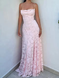 Romantic Mermaid Square Neck Spaghetti Strap Lace Up Long Prom Dress