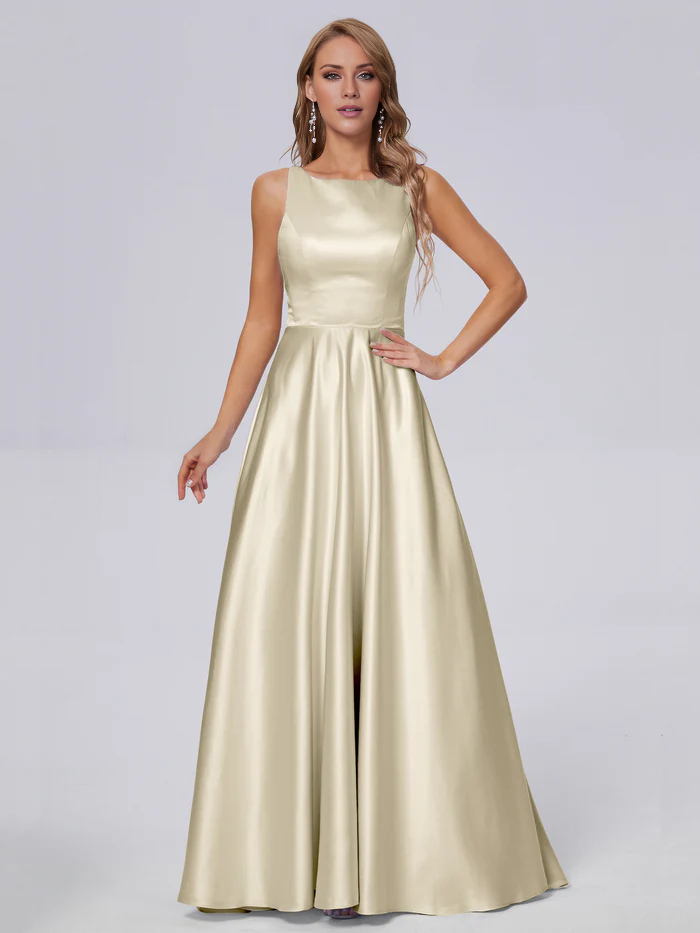 Sleeveless satin long and floor length bridesmaid dress