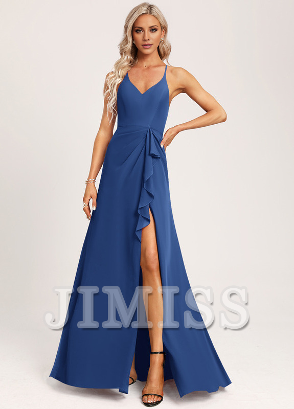 A-line V-neck and ground chiffon bridesmaid dress