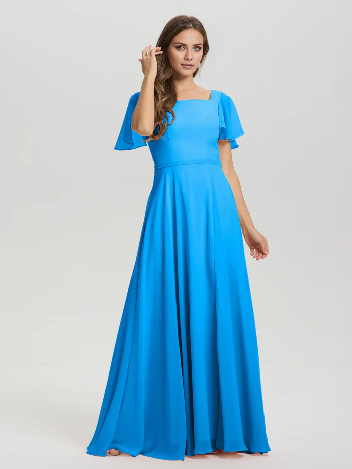 Vestido de dama de honor de gasa con cuello cuadrado, corte A, mangas cortas con volantes y largo hasta el suelo