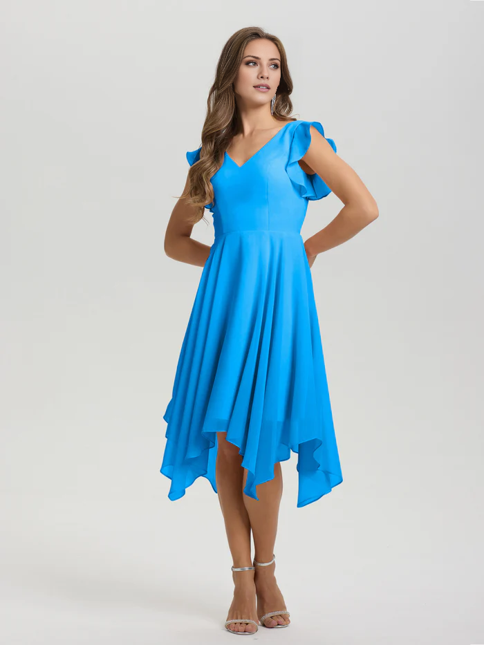 Lotus leaf edge sleeve V-neck asymmetrical tea long chiffon tea long bridesmaid dress