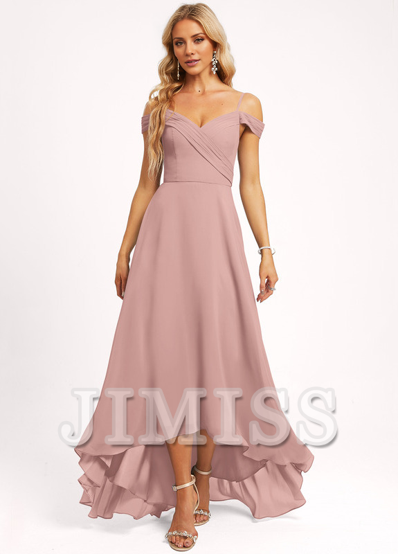 Abito da damigella d'onore in chiffon asimmetrico con spalle scoperte e linea ad A
