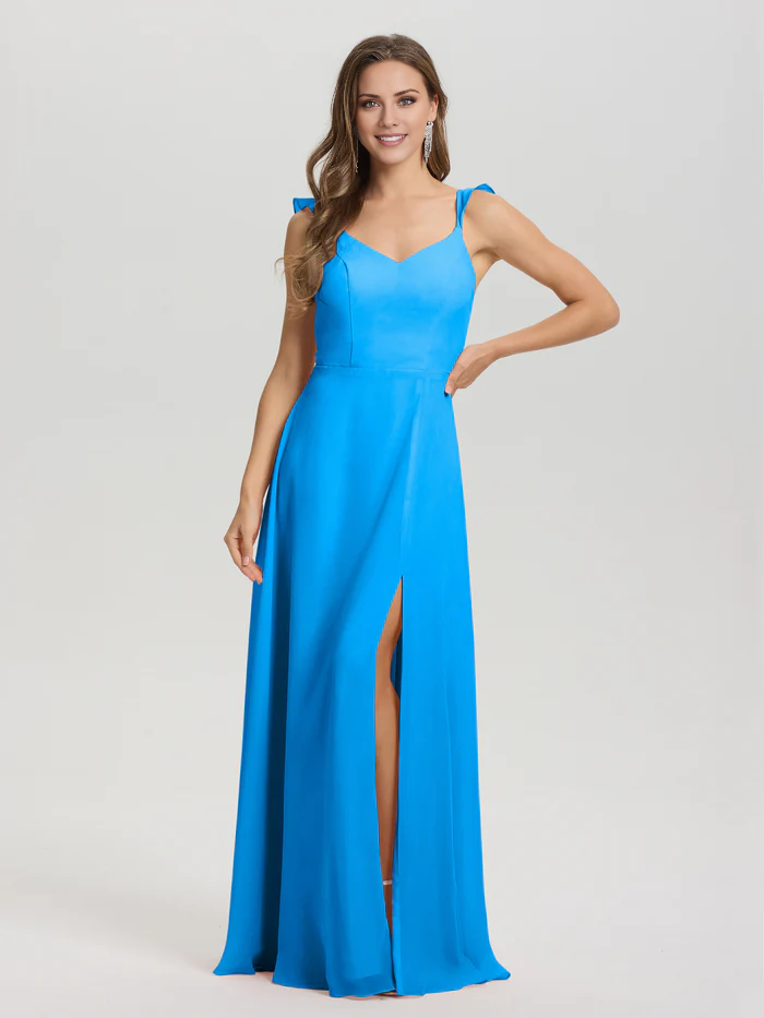 Vestido de dama de honor largo hasta el suelo con abertura en gasa con escote en V y tirantes anudados