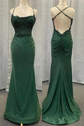 Olive Green Stretch Satin Mermaid Square Neck Sleeveless Crisscross Back Long Prom Dress
