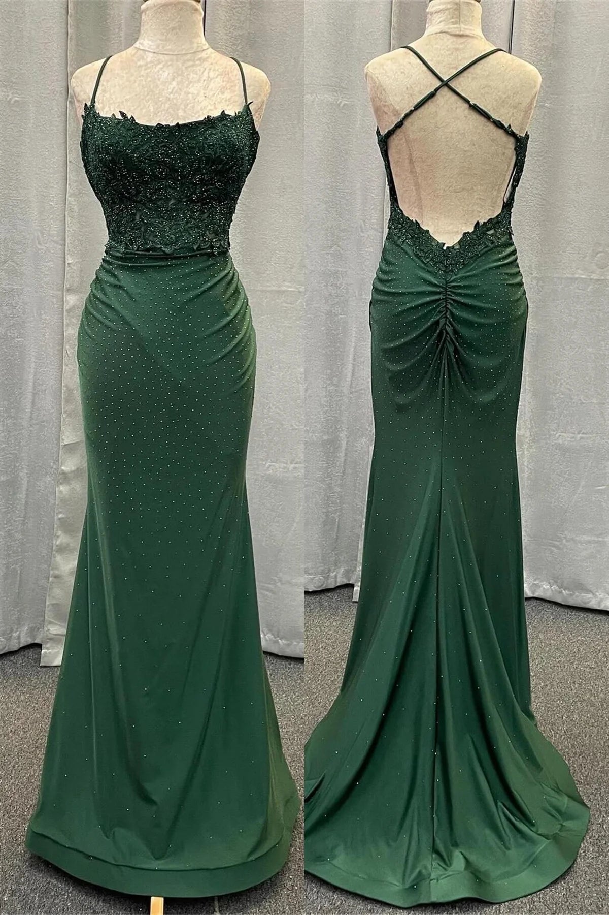 Olive Green Stretch Satin Mermaid Square Neck Sleeveless Crisscross Back Long Prom Dress
