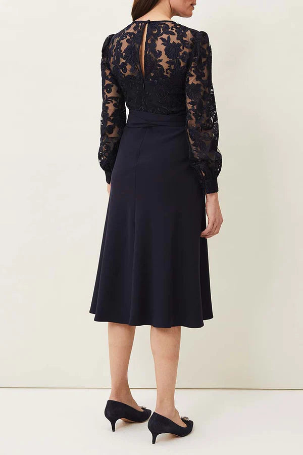 Dark Navy Lace A-Line Tea-Length Evening Dress with Puff Sleeves