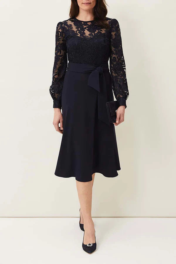 Dark Navy Lace A-Line Tea-Length Evening Dress with Puff Sleeves
