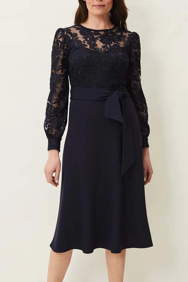 Dark Navy Lace A-Line Tea-Length Evening Dress with Puff Sleeves