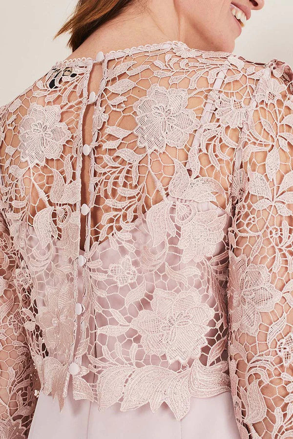 Dusty Rose Lace Sheath/column Midi Dress with Lace Bodice & Puff Long Sleeves