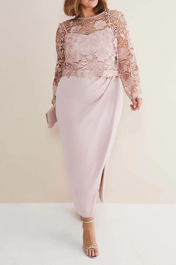 Dusty Rose Lace Sheath/column Midi Dress with Lace Bodice & Puff Long Sleeves