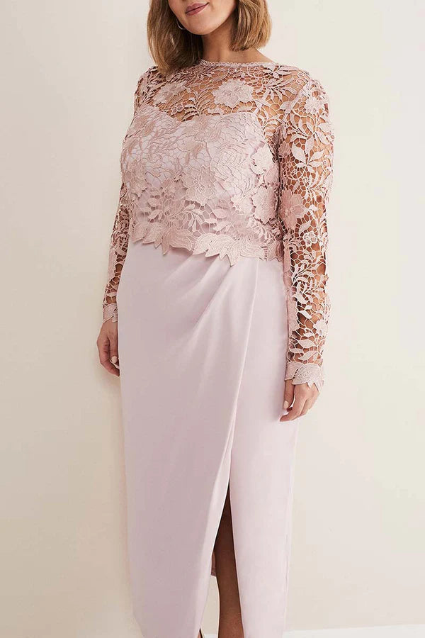Dusty Rose Lace Sheath/column Midi Dress with Lace Bodice & Puff Long Sleeves