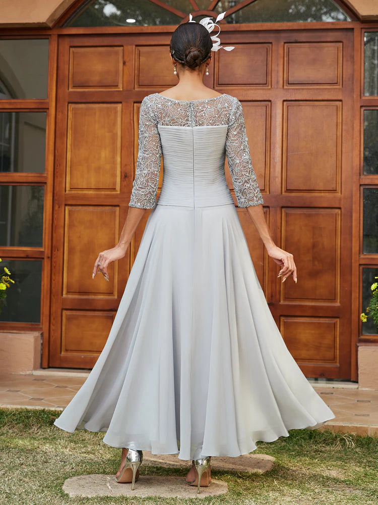 Silver Chiffon A-Line Tea-Length Dress with Boat Neck and Pleated Bodice and Lace Sleeves