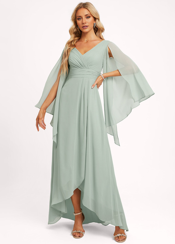 Ruffled A-line V-neck Asymmetric Chiffon Bridesmaids Dress