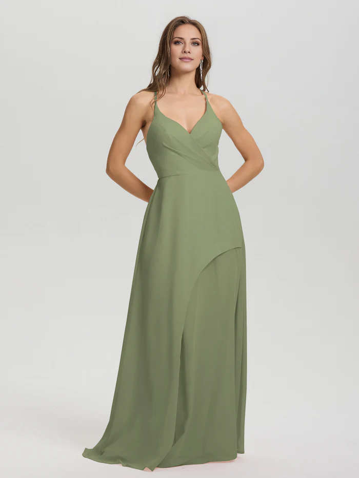 Shoulder strap V-neck backless long chiffon formal and floor length Bridesmaid dresses