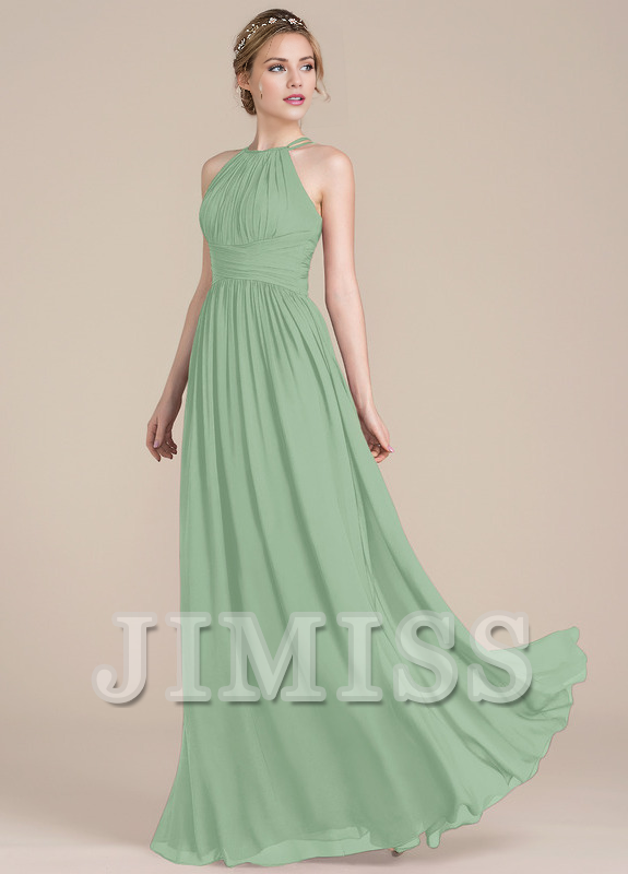 Vestido de dama de honor de gasa con escote redondo y corte A con diseño de hojas de loto