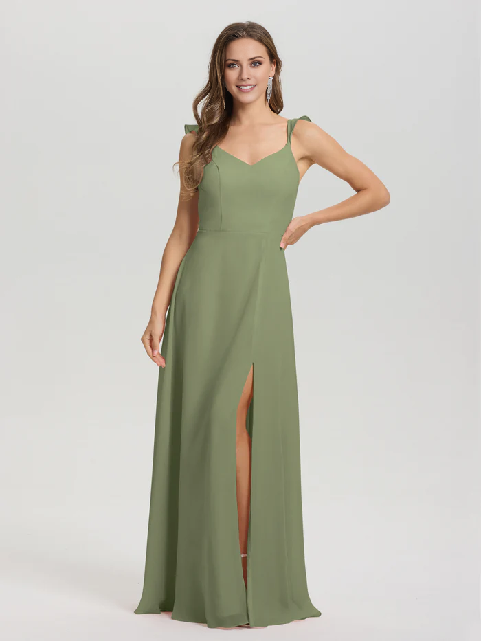 Vestido de dama de honor largo hasta el suelo con abertura en gasa con escote en V y tirantes anudados