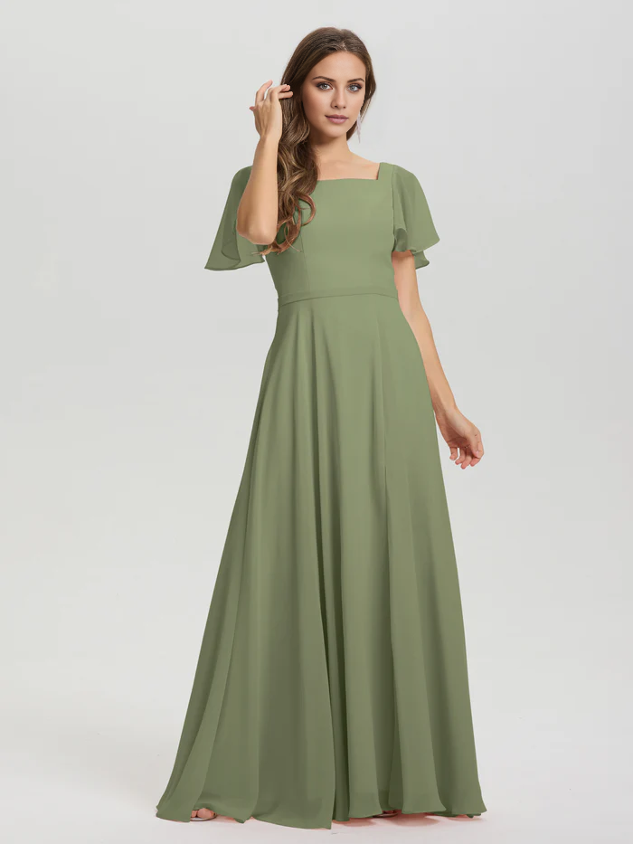 Vestido de dama de honor de gasa con cuello cuadrado, corte A, mangas cortas con volantes y largo hasta el suelo