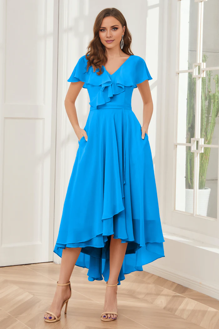 V-neck high-low short sleeved tea long bridesmaid dress
