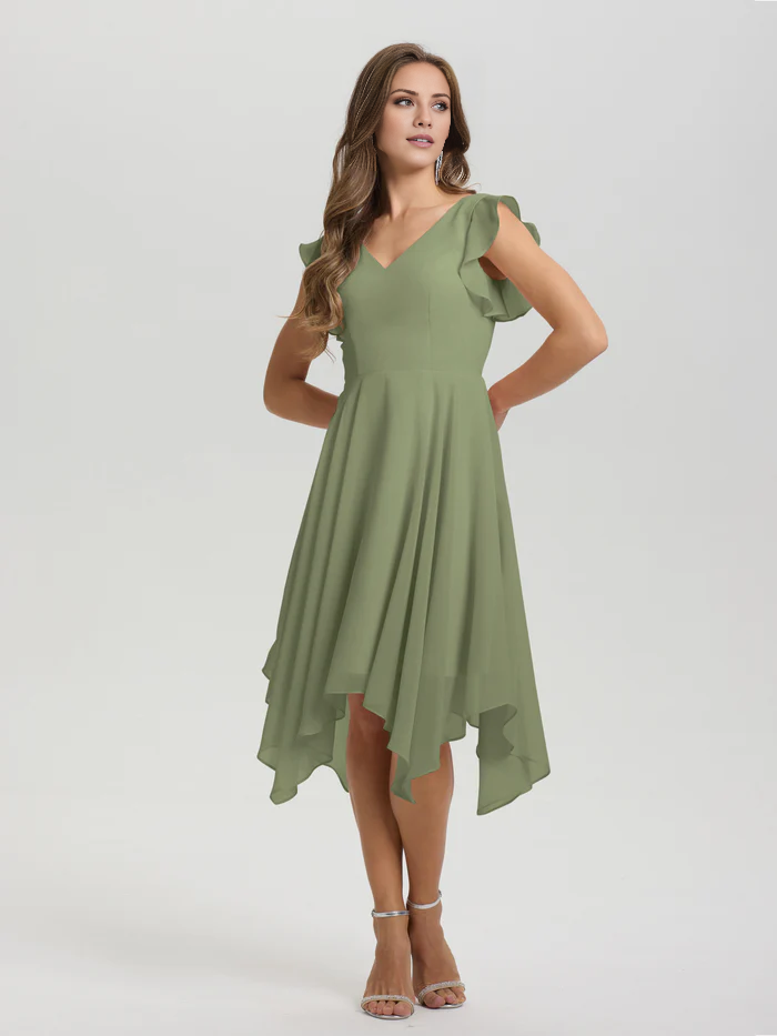 Lotus leaf edge sleeve V-neck asymmetrical tea long chiffon tea long bridesmaid dress